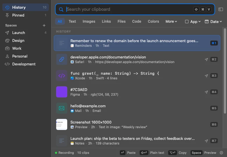 The floating clip list in dark mode