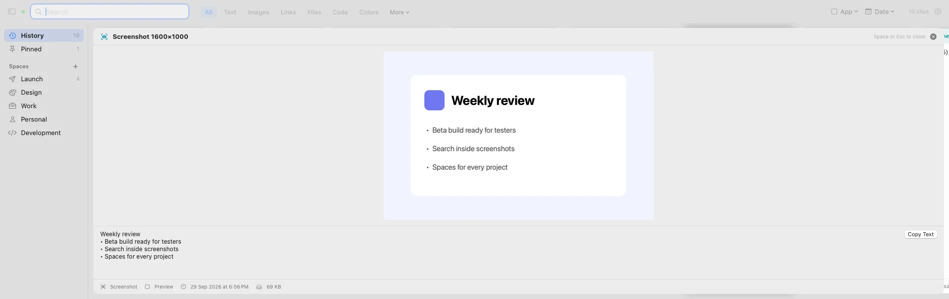 Quick Look previewing a screenshot with its recognised text