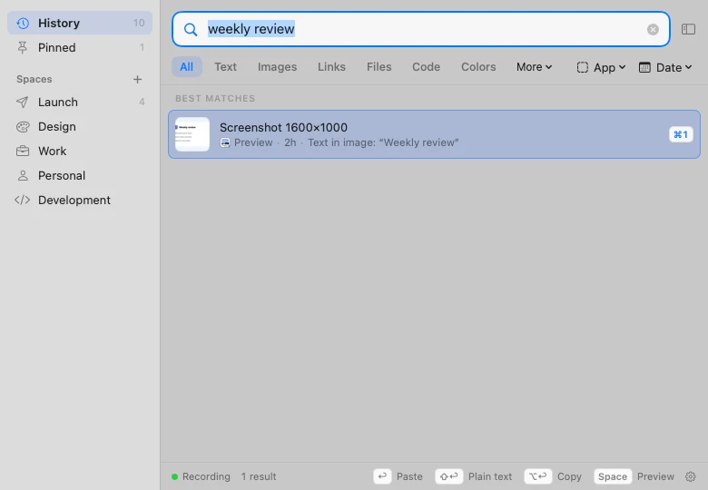 Searching “weekly review” finds a screenshot containing those words