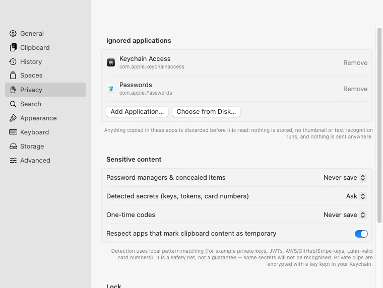 Privacy settings: ignored apps and Touch ID encryption