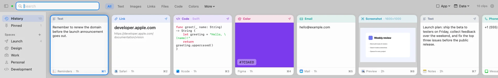 The card shelf: text, a link, Swift code, a color, an email and a screenshot